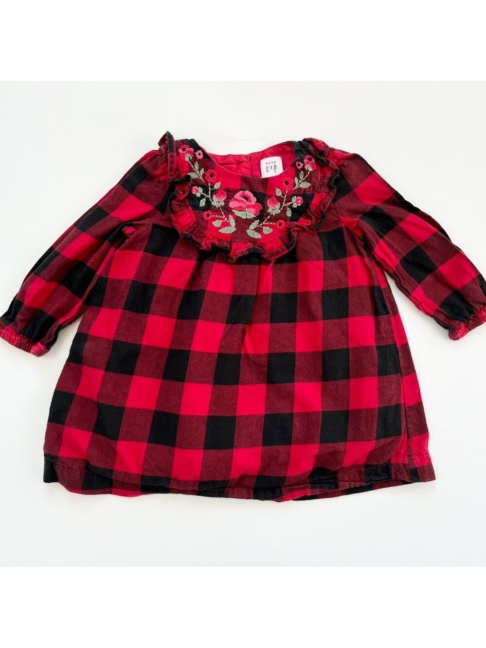 🩵4/$20 GAP Red and Black Checkered Baby Dress with‎ Floral Detail